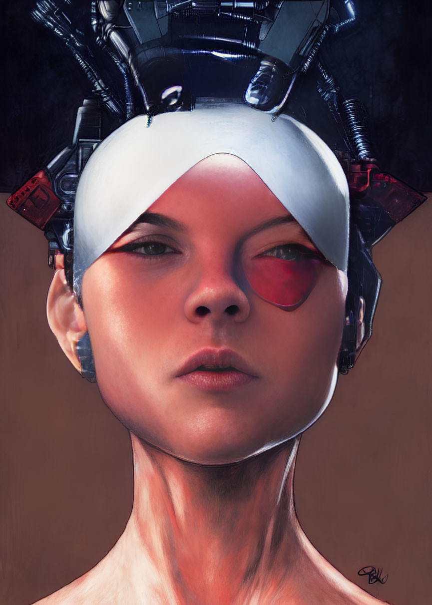 Portrait of a person with red ocular device and mechanical headpiece on brown background