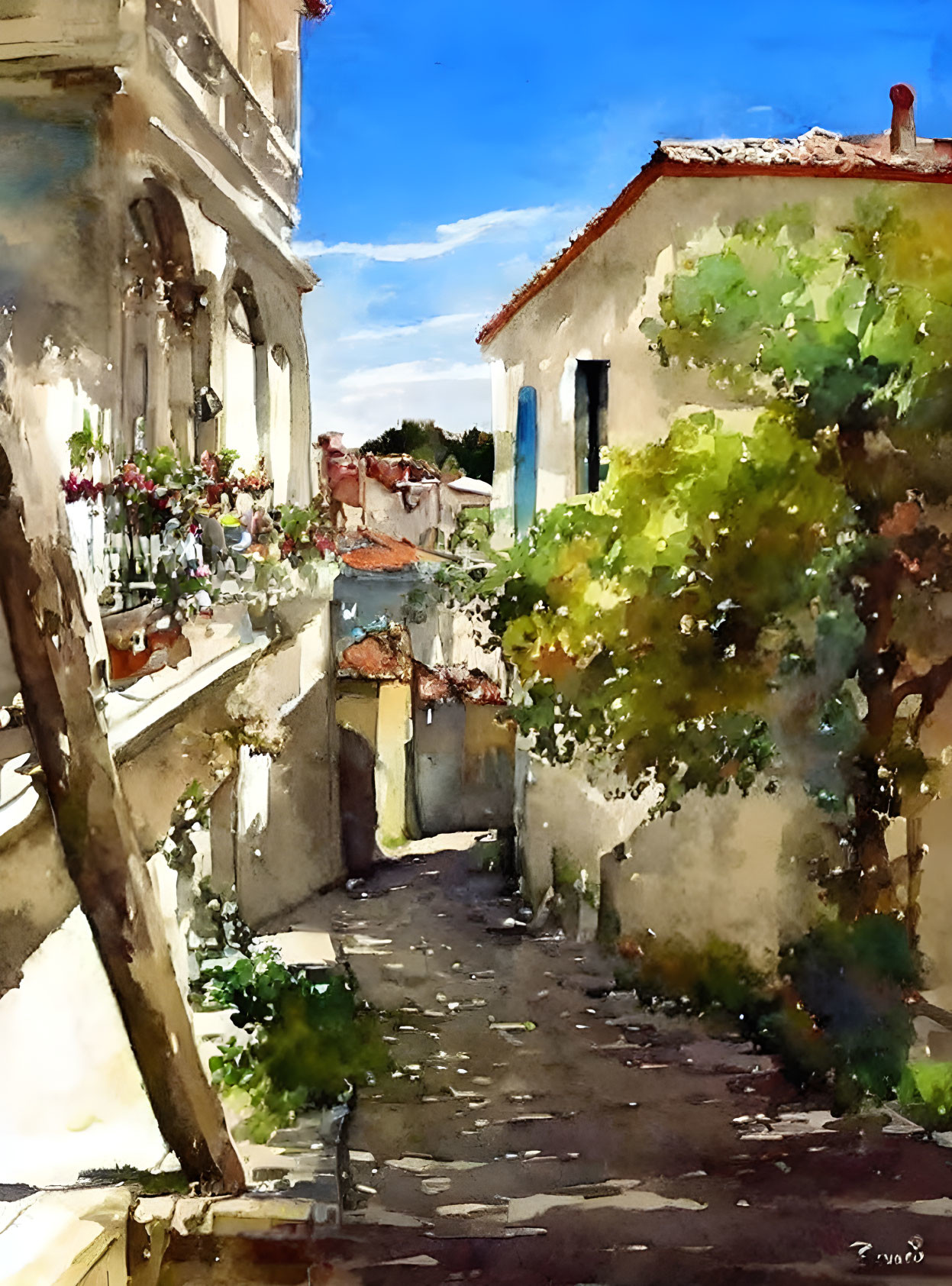 Colorful Watercolor Painting of European Alleyway with Buildings and Trees