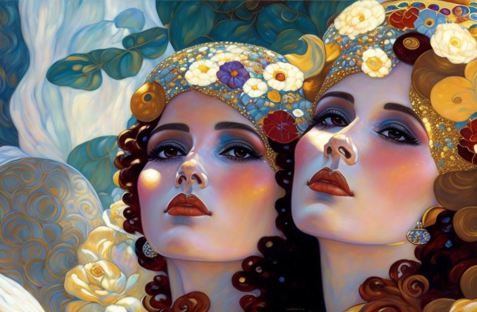 Detailed illustration of two women in decorative headpieces with floral and swirl patterns against a backdrop of stylized