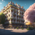 Classical building with balcony gardens and cherry trees at sunrise