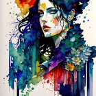 Vibrant Abstract Watercolor Illustration of Woman with Blue, Red, and Yellow Splashes