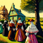 Women in traditional dresses near colorful houses in pastoral scene