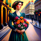 Vintage-clad woman with flowers on Parisian street scene