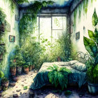 Overgrown room with vines, potted plants, sunlight, and leafy bed