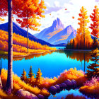 Scenic autumn landscape with mountain, lake, and colorful trees