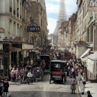 Parisian Street Scene with Horse-Drawn Carriages and Eiffel Tower