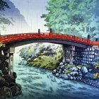 Scenic illustration of wooden bridge over river with people crossing in lush green landscape