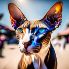 Striking blue-eyed Sphynx cat with large ears in urban setting