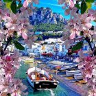 Colorful village scene with river, pink flowers, hillside houses, and boats.