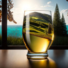 Whiskey glass reflecting countryside and ocean on wooden table
