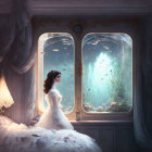 Woman in white dress looking out of ornate window into underwater scene