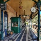 Classic train station with domed ceiling, checkered floor, clock, ticket booth, and nostalgic ambiance