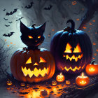 Glowing jack-o'-lanterns, black cat, bats, misty Halloween backdrop