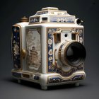 Intricate Blue and Gold Porcelain Camera Sculpture on Gray Background