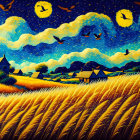 Colorful Landscape with Swirling Skies and Wheat Fields