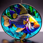 Vibrant fish stained glass suncatcher on blue-green bubbly background