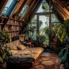 Cozy attic room with books, plants, couch & sunlight