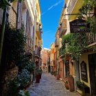 Colorful Flowers and Cobblestone Alley: Quaint Houses and Lanterns