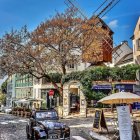 Vintage Car on Cobblestone Street in European Town with Pedestrians and Windmill