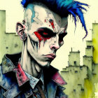 Stylized punk figure with spiked blue hair and cityscape background