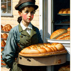 Young girl in vintage attire holding bread tray in front of bakery window.