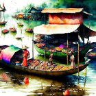 Colorful Watercolor Painting of Lively Floating Market