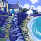 Coastal town painting with stone buildings and sea wall under cloudy sky