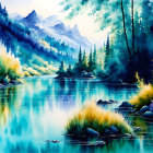 Tranquil landscape painting of serene lake, greenery, and distant mountains