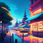 Twilight street scene with neon signs, pagoda, and traditional buildings