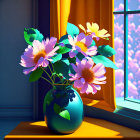 Vibrant flowers in vase by window with sunlight and blooming trees view