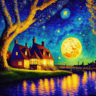 Full moon illuminates starry night sky over luminous house by tranquil river with large tree and quaint