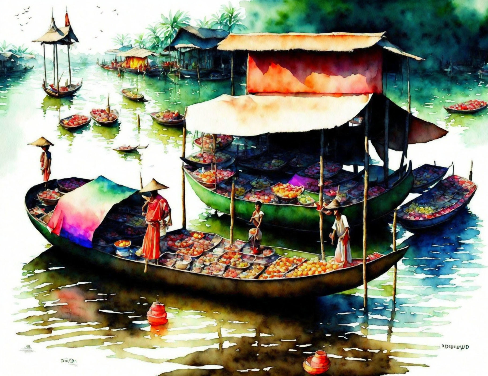 Colorful Watercolor Painting of Lively Floating Market