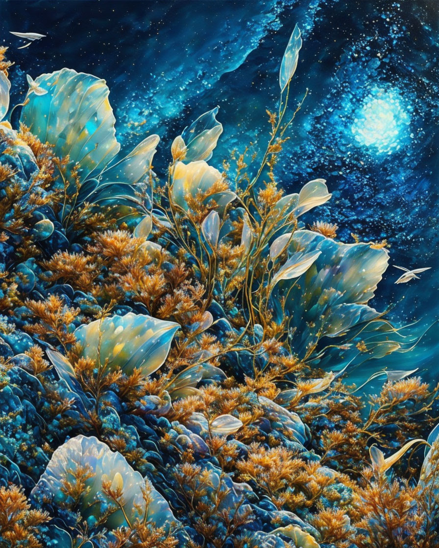 Colorful underwater landscape with glowing blue plants, coral, and fish under starlit deep-sea sky