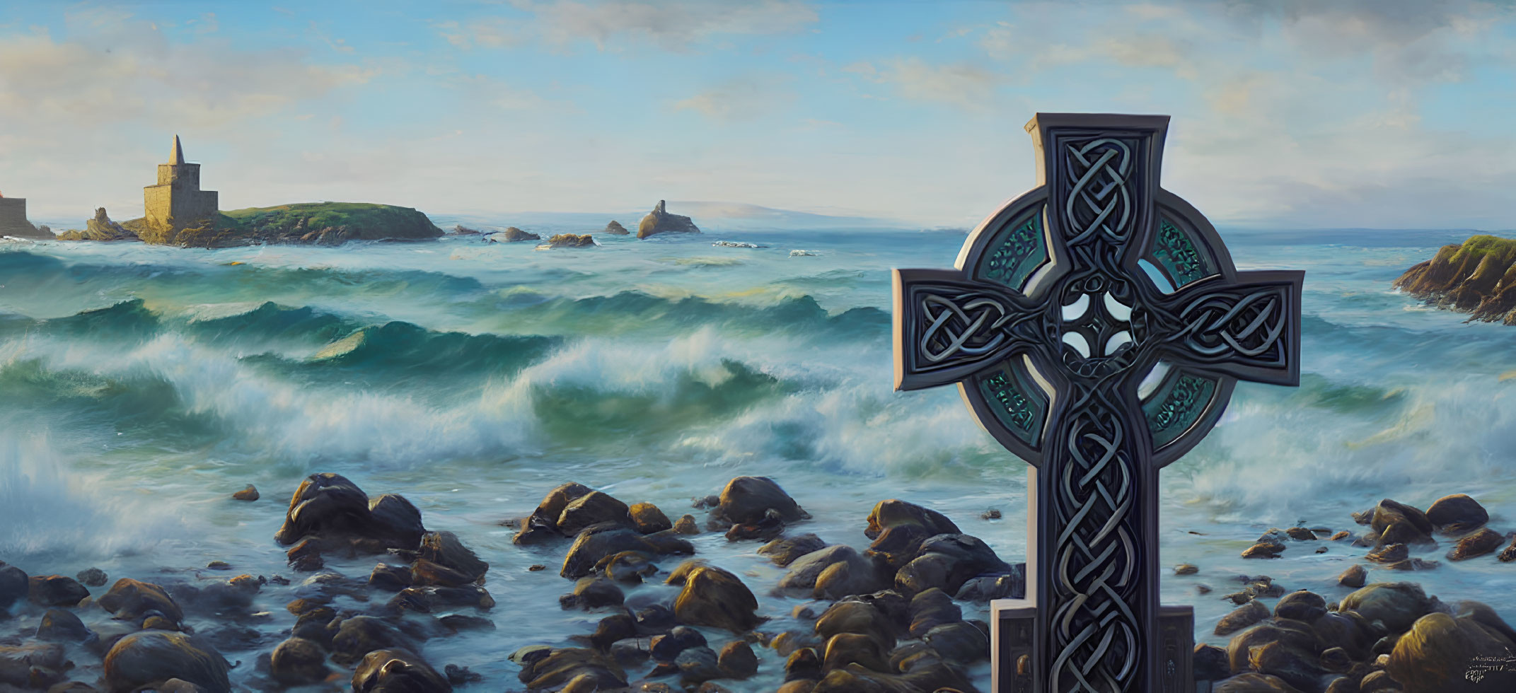 Tranquil Celtic cross overlooking rocky shores and ancient ruins in serene seascape