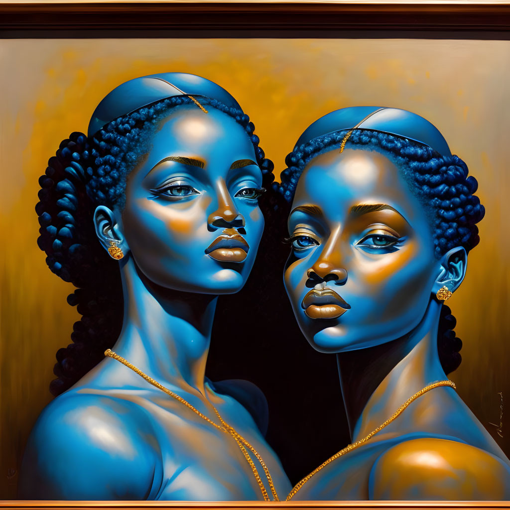 Artwork featuring two women with blue-black skin, gold-adorned braids, and striking gaz