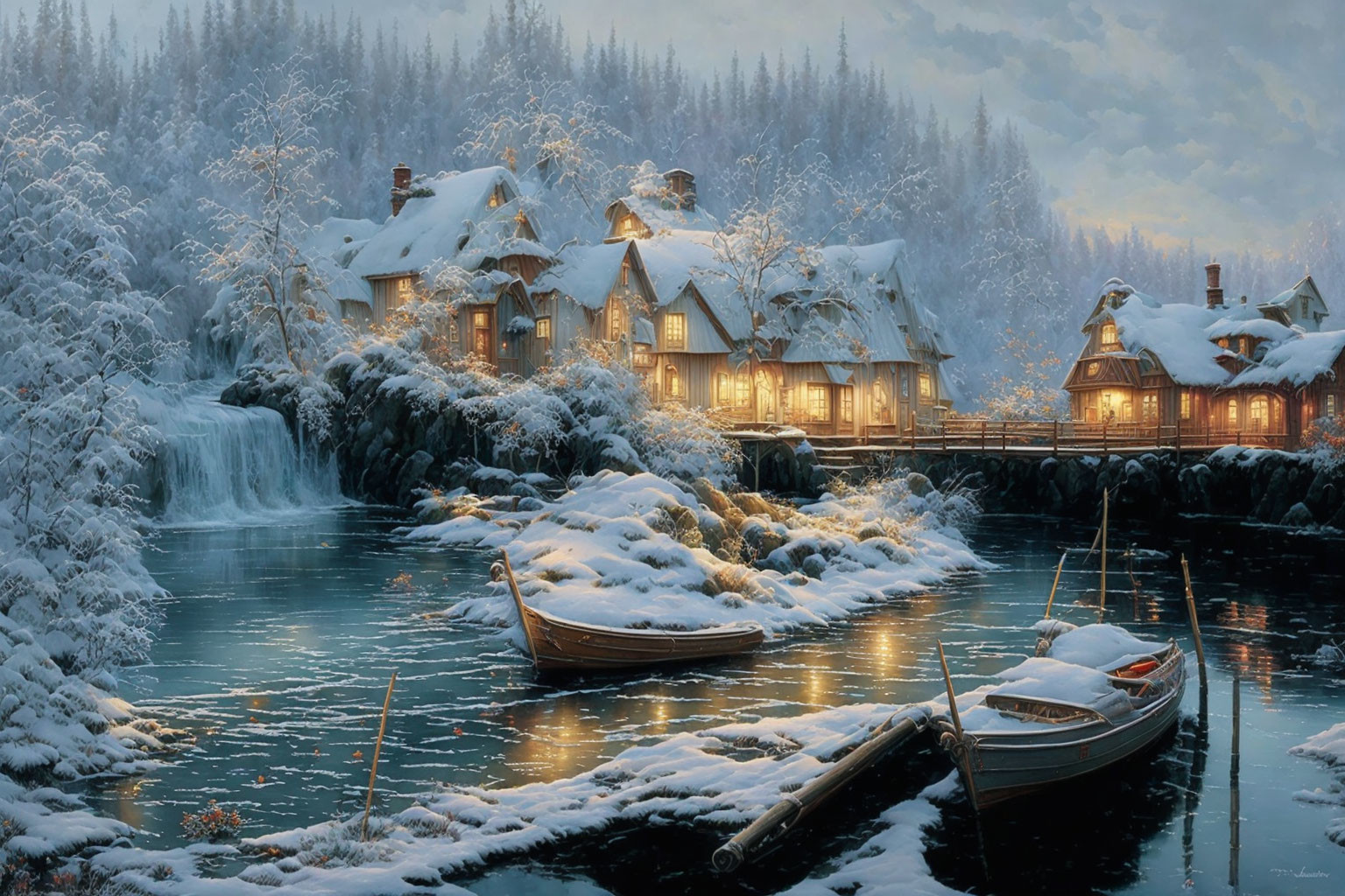 Snow-covered cottages by river with boat and illuminated windows