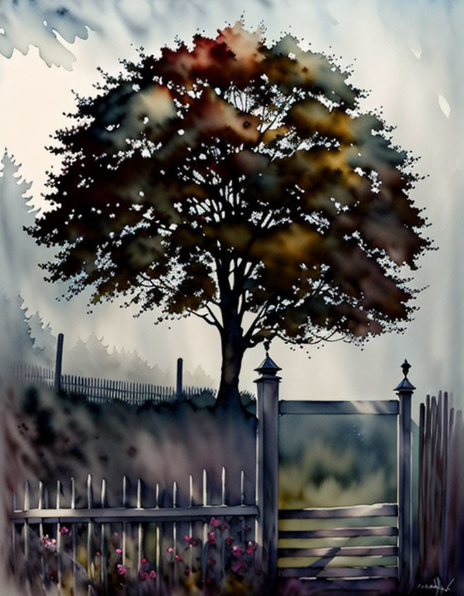 Autumn tree watercolor painting with wooden gate and misty forest landscape