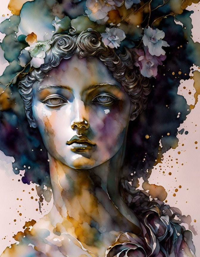 Classical sculpture head with blooming flowers in watercolor and ink.