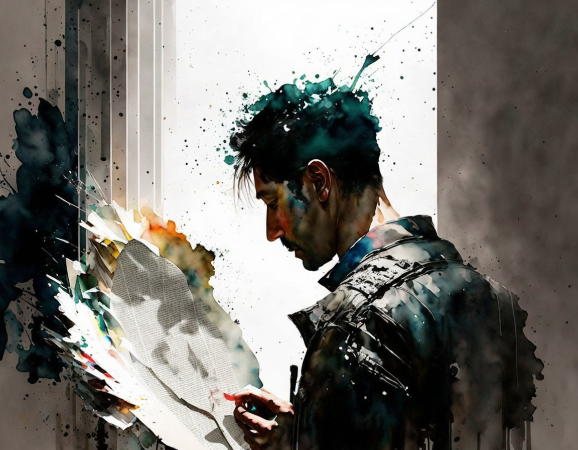 Man in dark jacket reading disintegrating paper with watercolor splashes