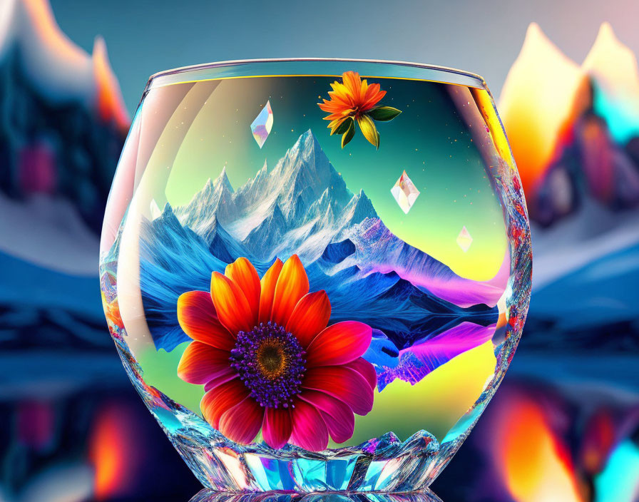 Colorful Fishbowl Scene with Flowers, Mountains, and Icy Peaks