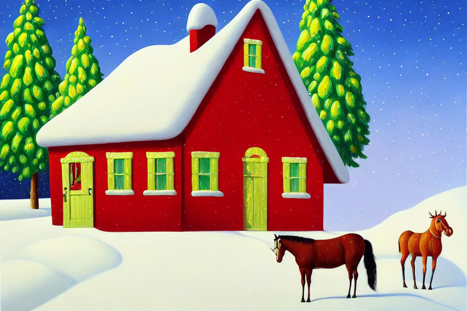 Colorful winter scene with red house, green doors, snow, horses, and pine trees