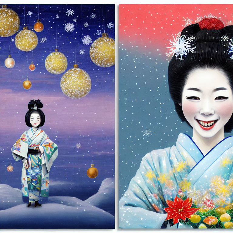 Smiling geisha in floral kimono with snowy scene and lanterns