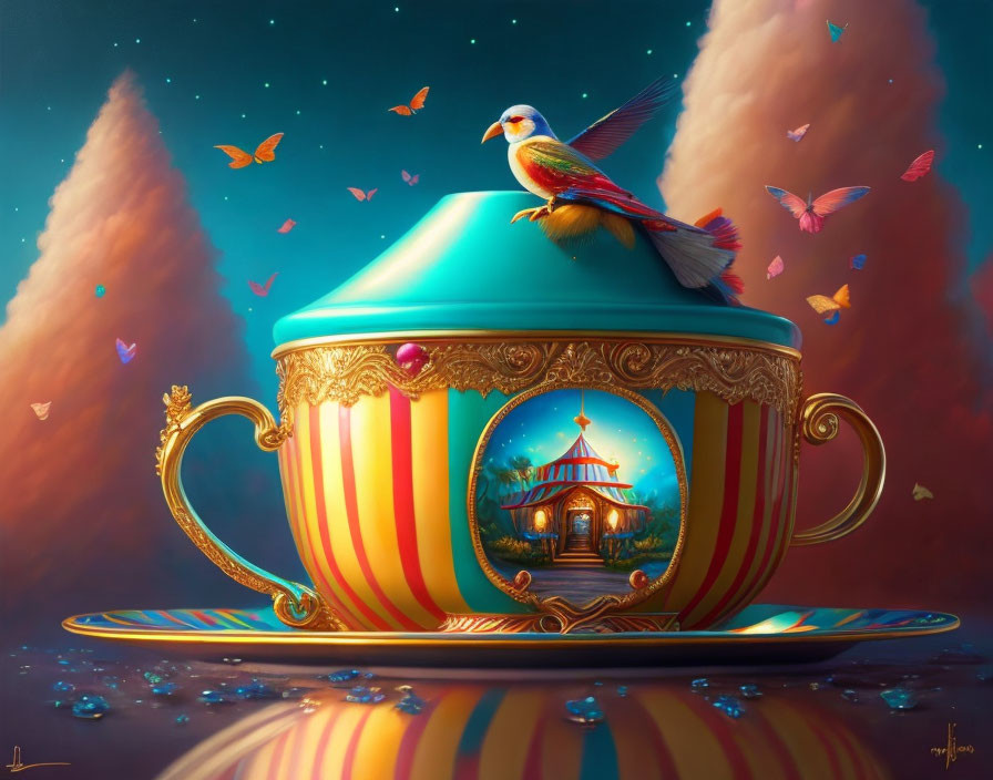 Colorful bird on teacup with carousel and butterflies at twilight