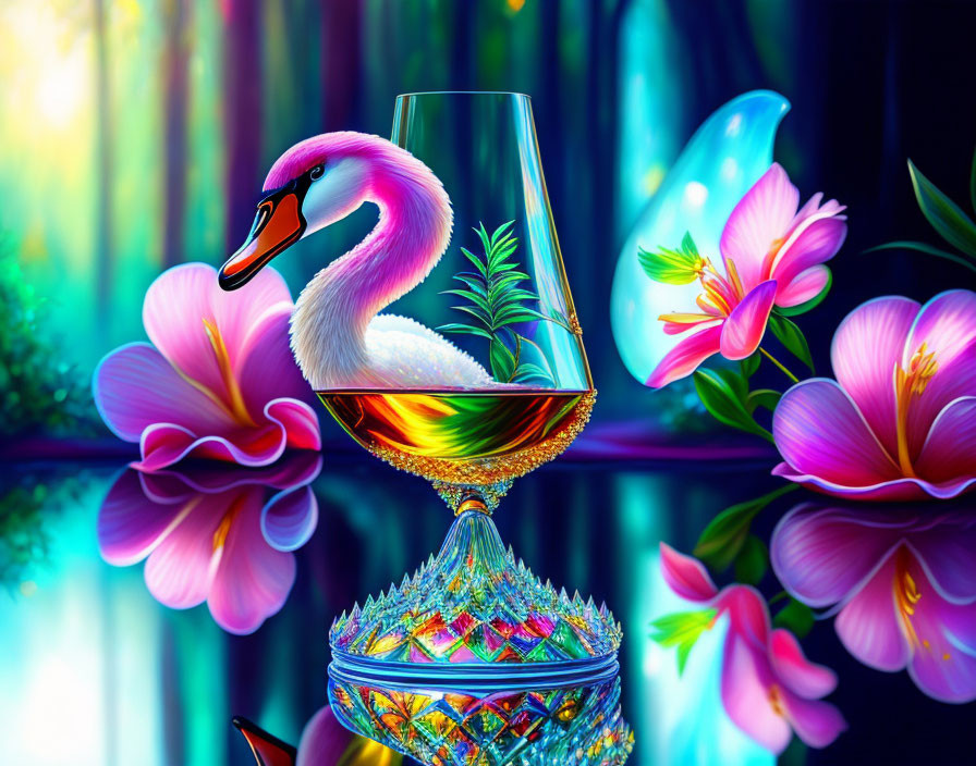 Colorful Digital Artwork: Crystal Glass with Tropical Scene, Flamingo Reflection, Flowers, and