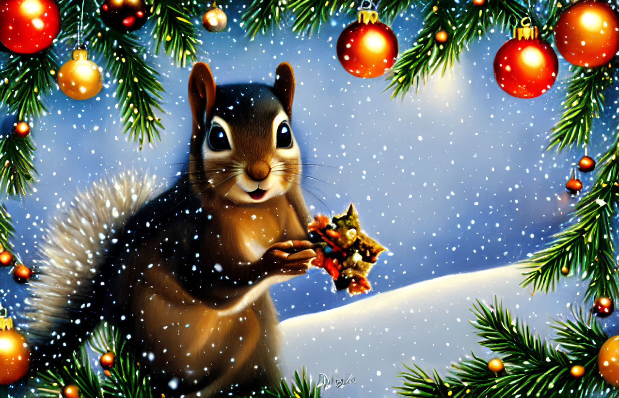 Snowy Scene: Cheerful Squirrel with Festive Decorations