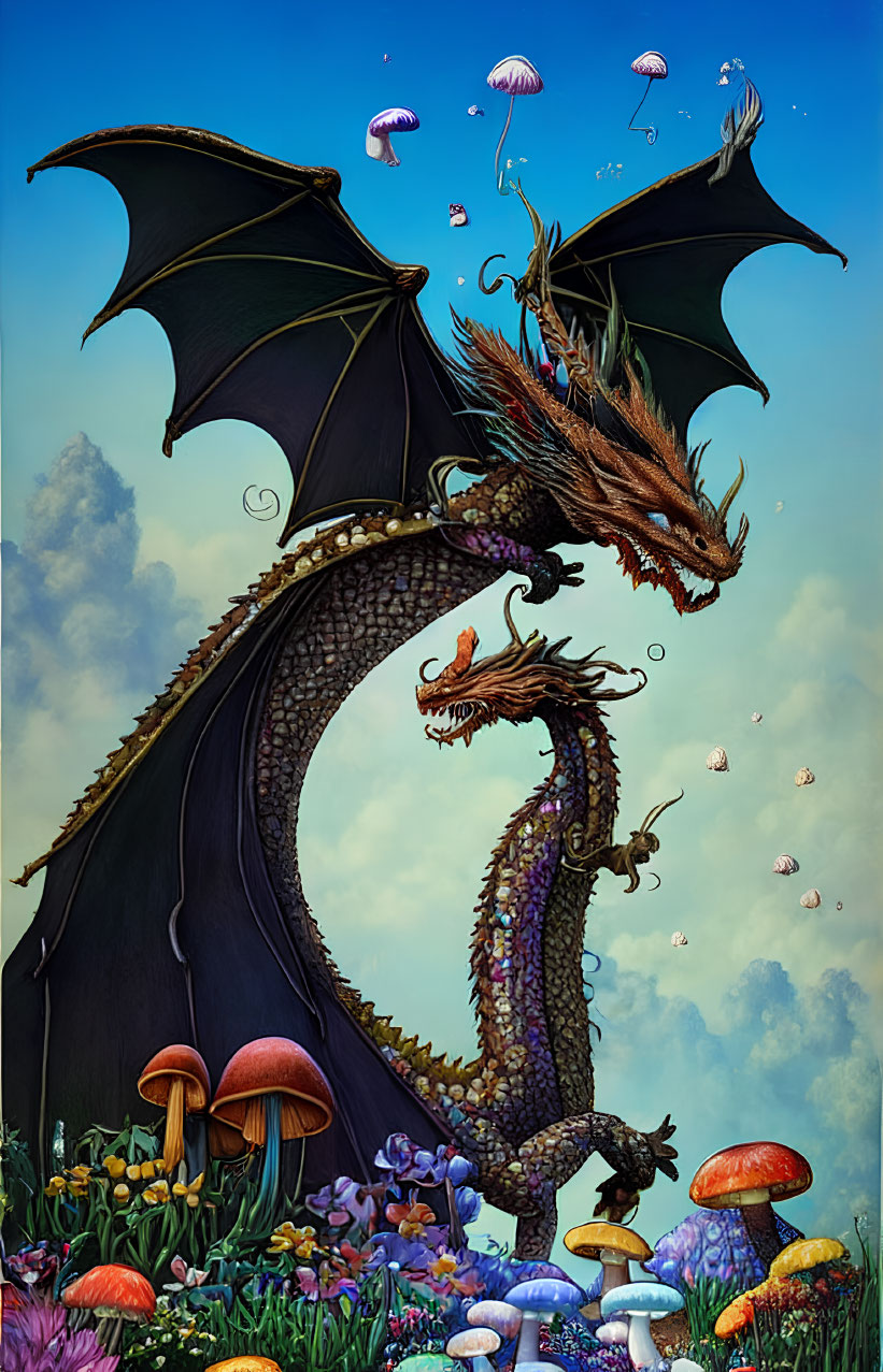 Colorful dragon with outstretched wings among mushrooms and jellyfish in blue sky