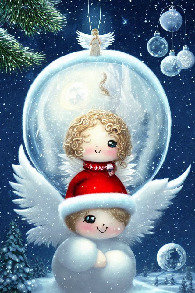 Stylized angel on snowman under starry sky with festive decorations