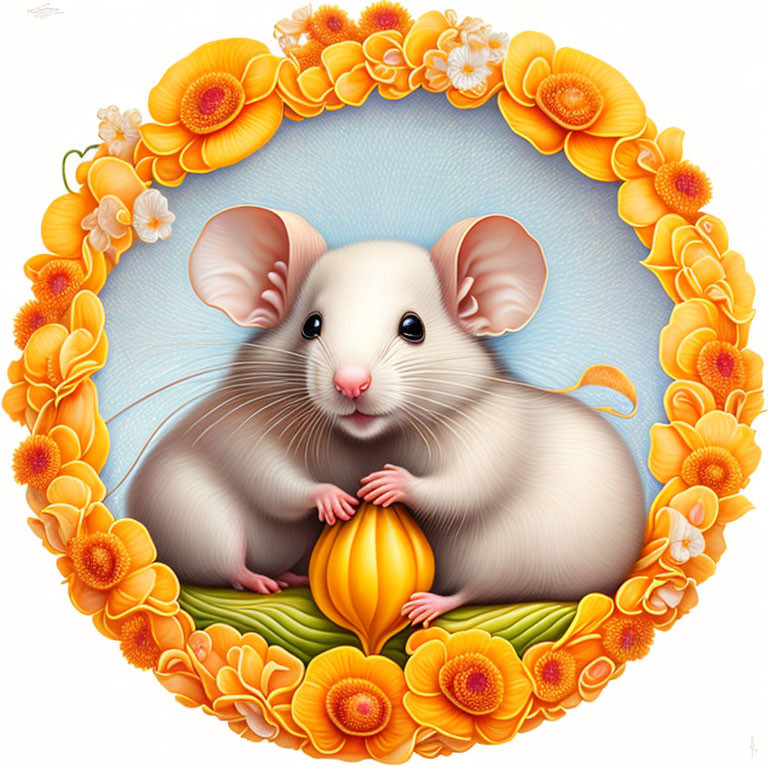 Illustration of cute mouse in floral frame with fruit