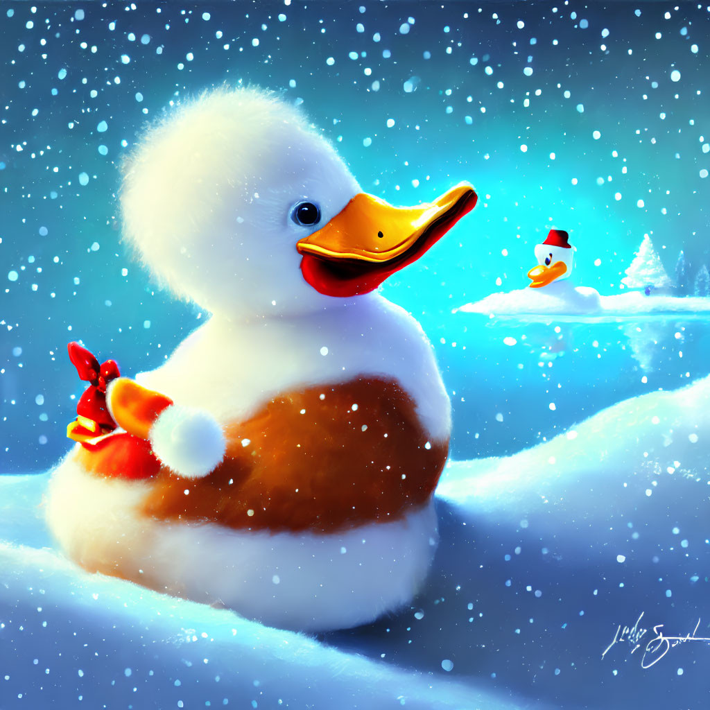 Large Duck in Santa Hat with Snow-Duck in Snowy Landscape