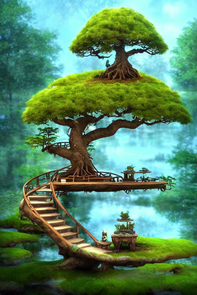 Illustration of multi-tiered treehouse with lush greenery and serene lakeside setting